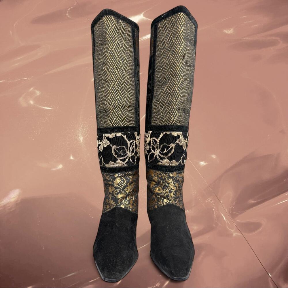 Vintage Black Suede & Gold Tapestry Knee-High Boots Velvet Brocade Statement 7B - Picture 2 of 8